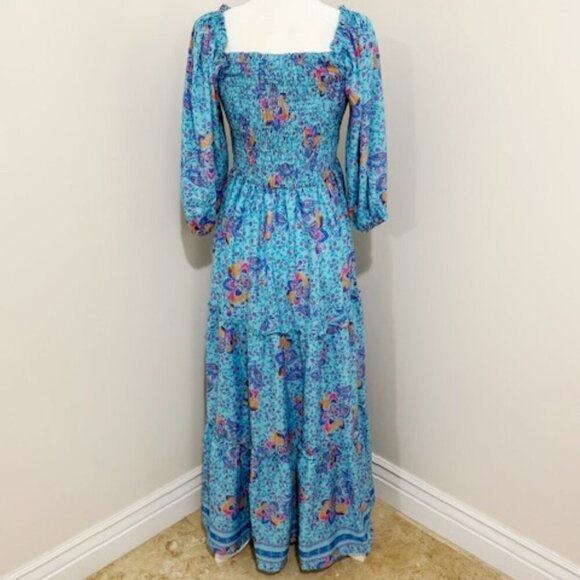 Me 2 Magic Antropologie Blue Floral Maxi Dress Puff Sleeve Smocked Boho Size M - Picture 3 of 5